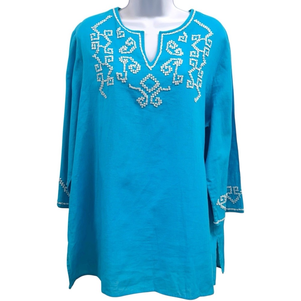 Chico's Women's Size 3 (XL) Turquoise Beaded 3/4 Sleeves Linen Blend  Tunic Top‎
